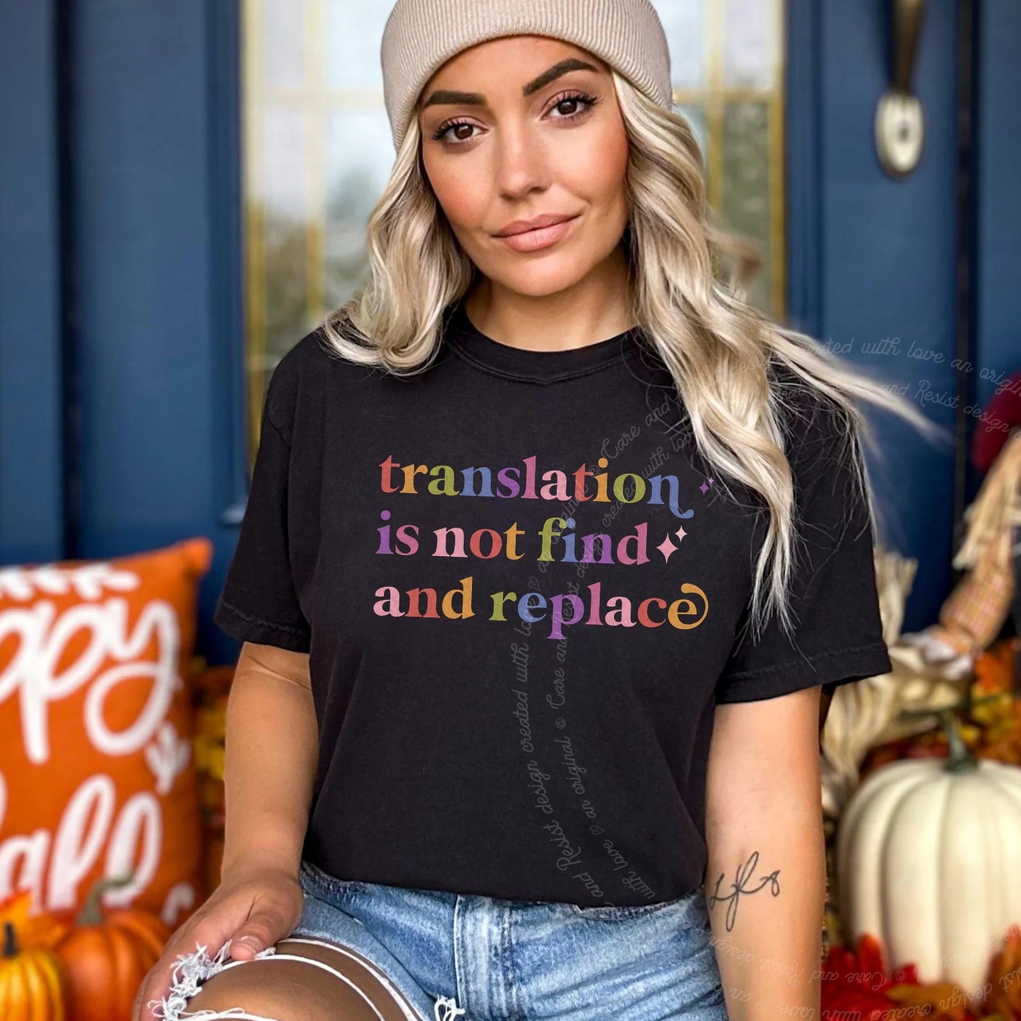 Translation is not Find and Replace Care & Resist rainbow Comfort Colors tee, Black