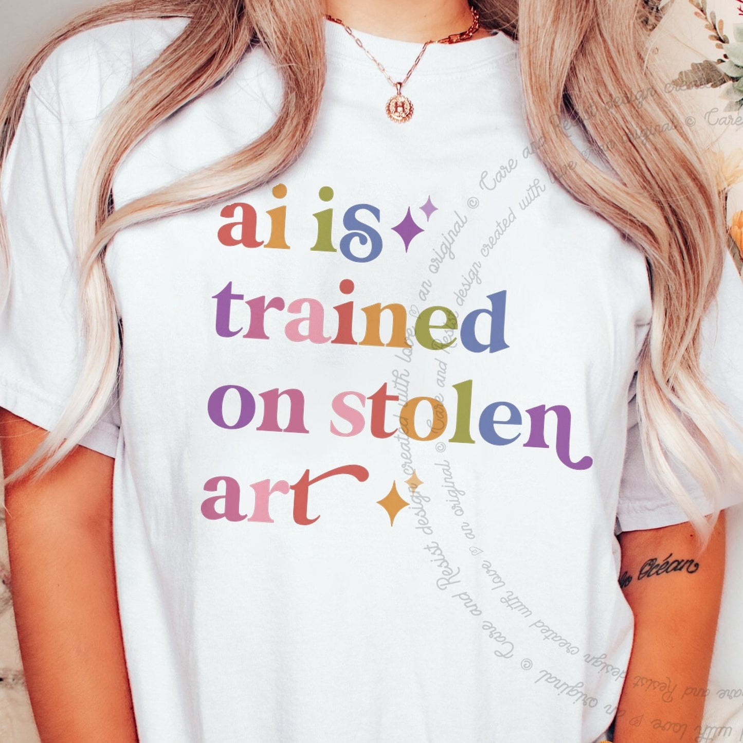 Ai is Trained on Stolen Art Care & Resist rainbow Comfort Colors tee, White