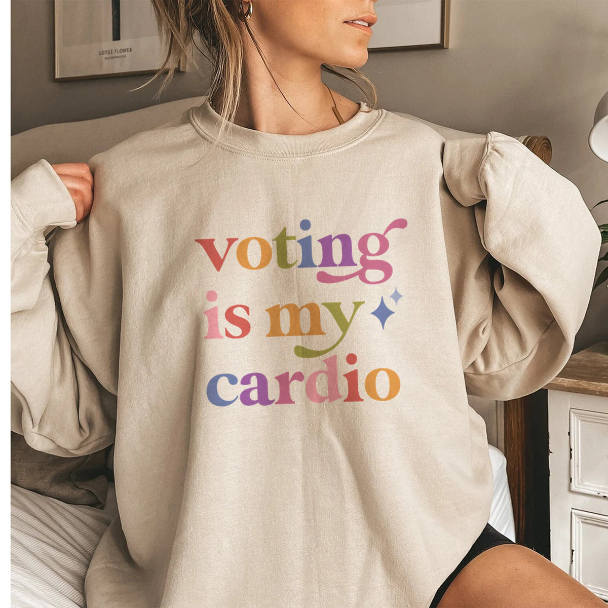 Voting is My Cardio Care & Resist Gildan crewneck sweatshirt in Sand