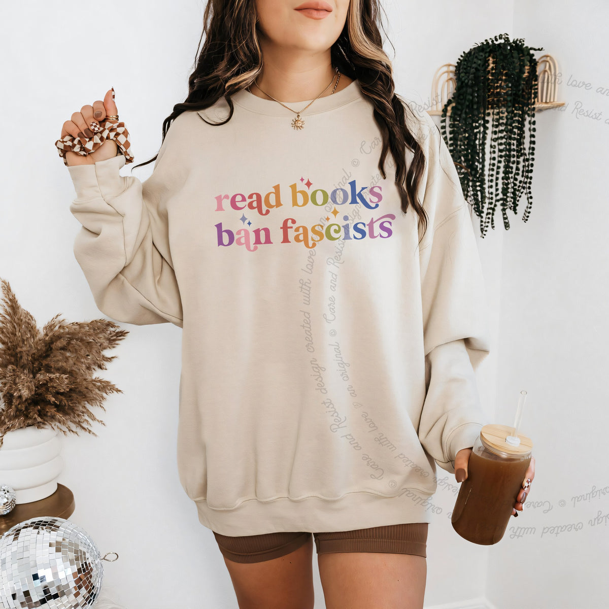 Read Books Ban Fascists Care & Resist Gildan crewneck sweatshirt in Sand