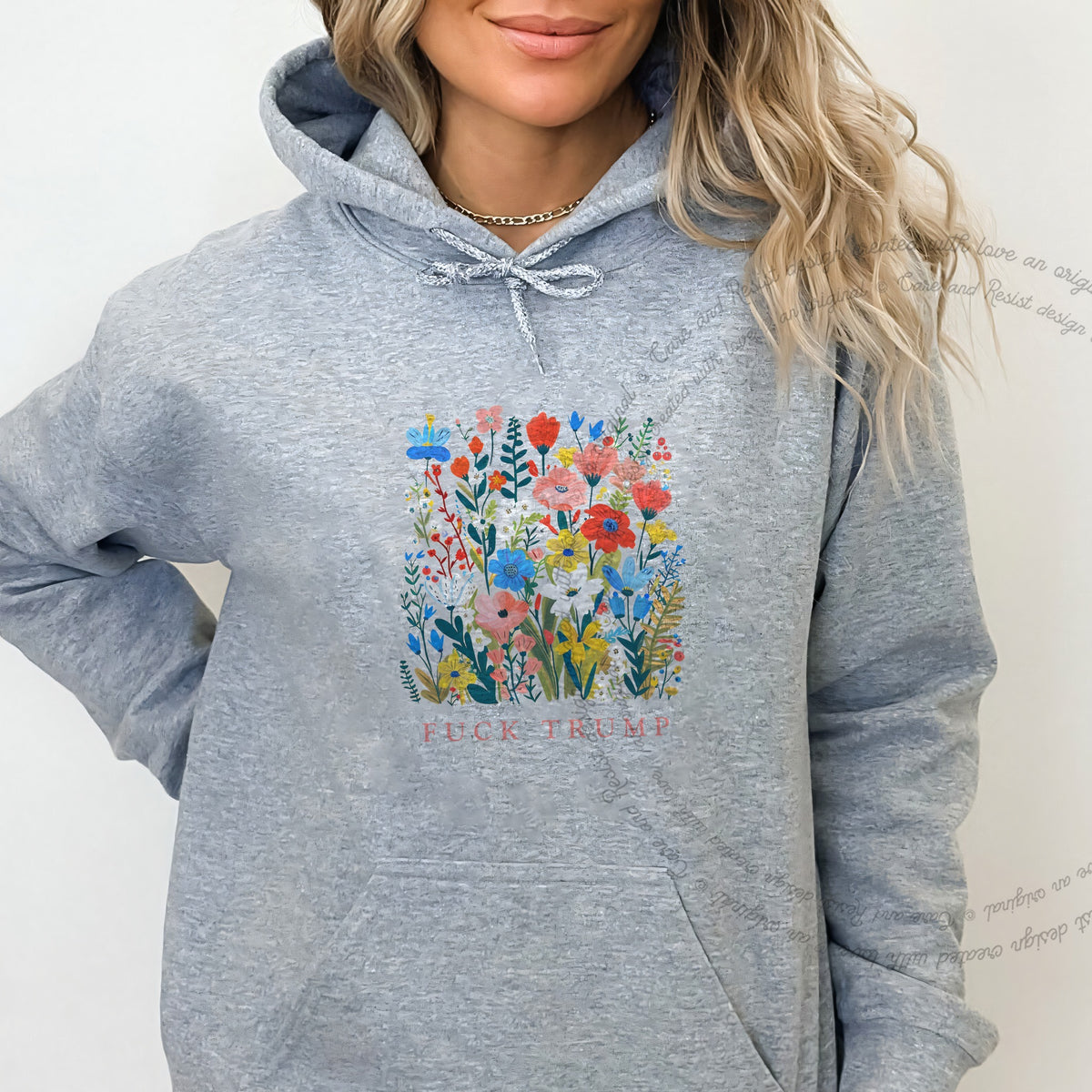 Fuck Trump Floral Care & Resist Gildan hoodie in Sport Grey
