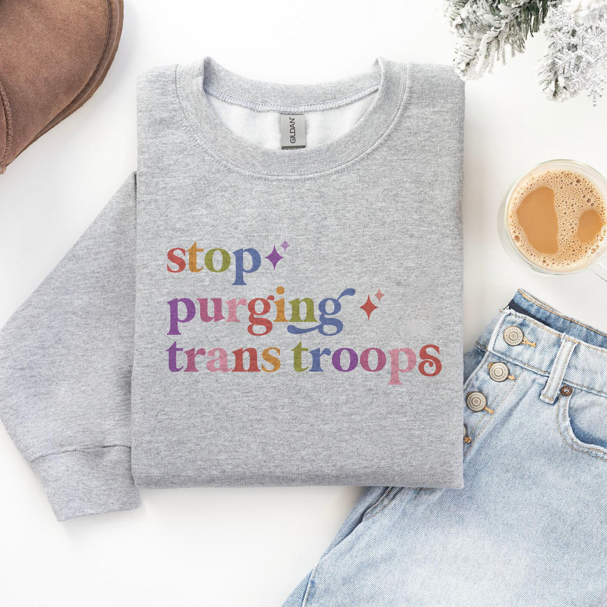 Stop Purging Trans Troops Care & Resist Gildan crewneck sweatshirt in Sport Grey