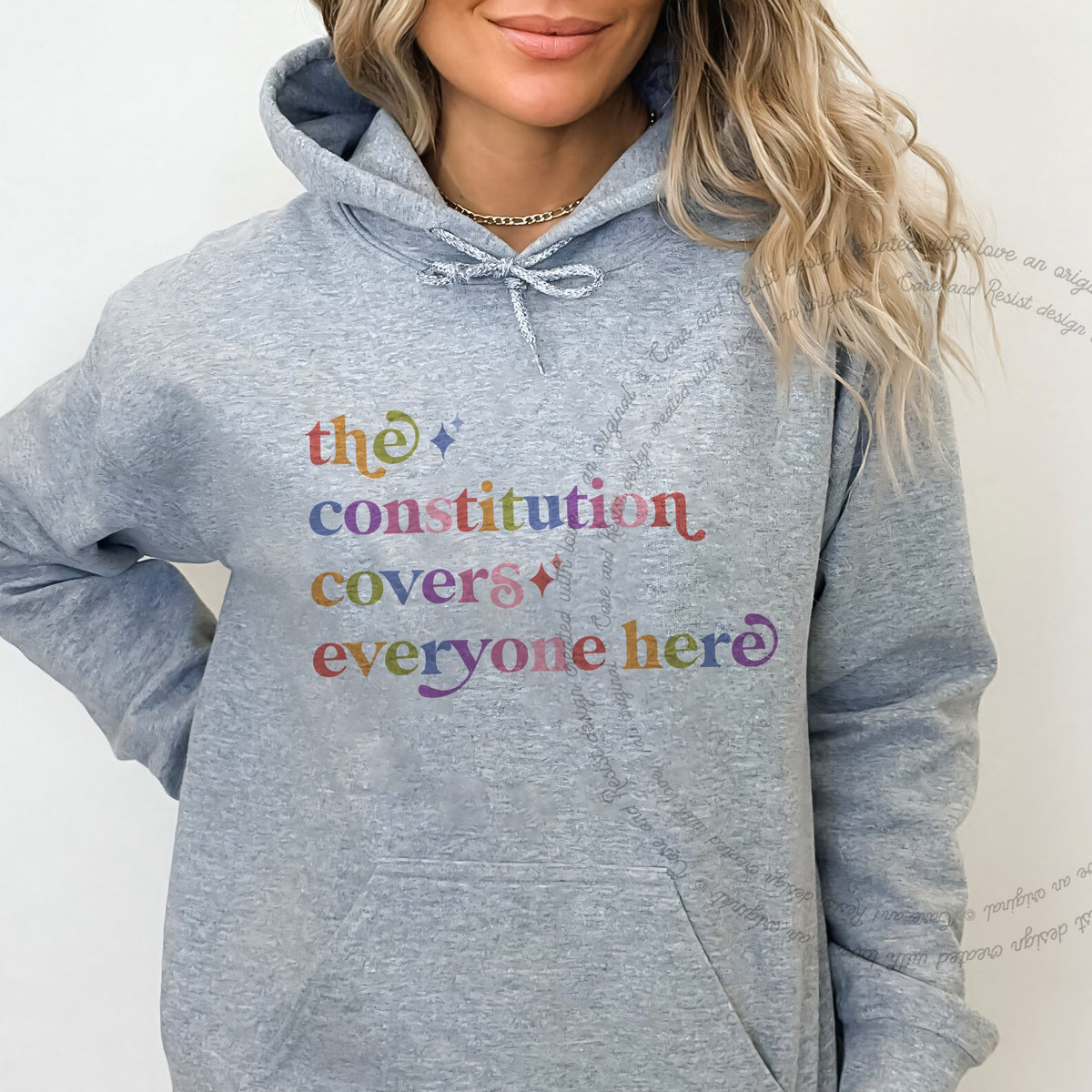 The Constitution Covers Everyone Here Care & Resist Gildan hoodie in Sport Grey