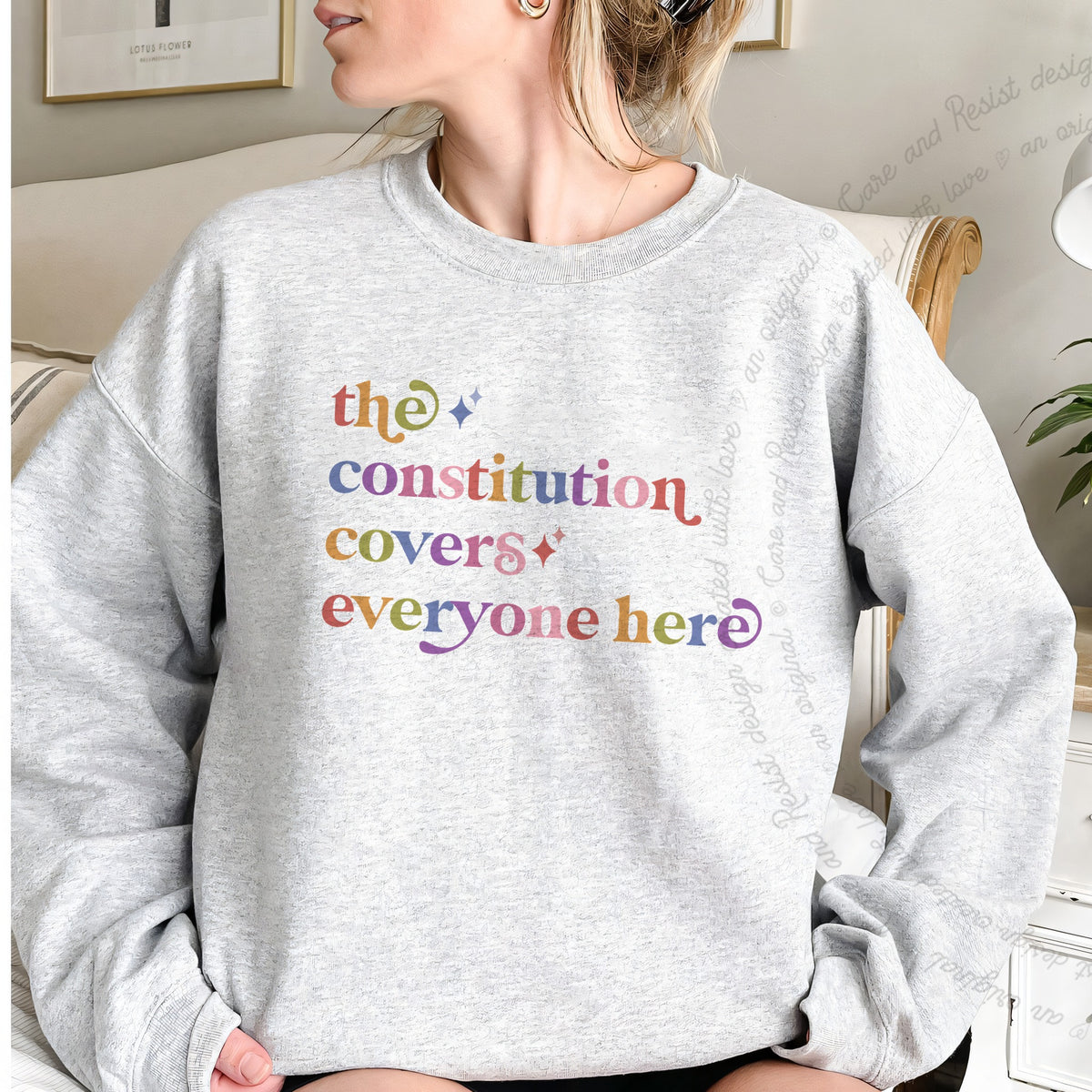 The Constitution Covers Everyone Here Care & Resist Gildan crewneck sweatshirt in Sport Grey