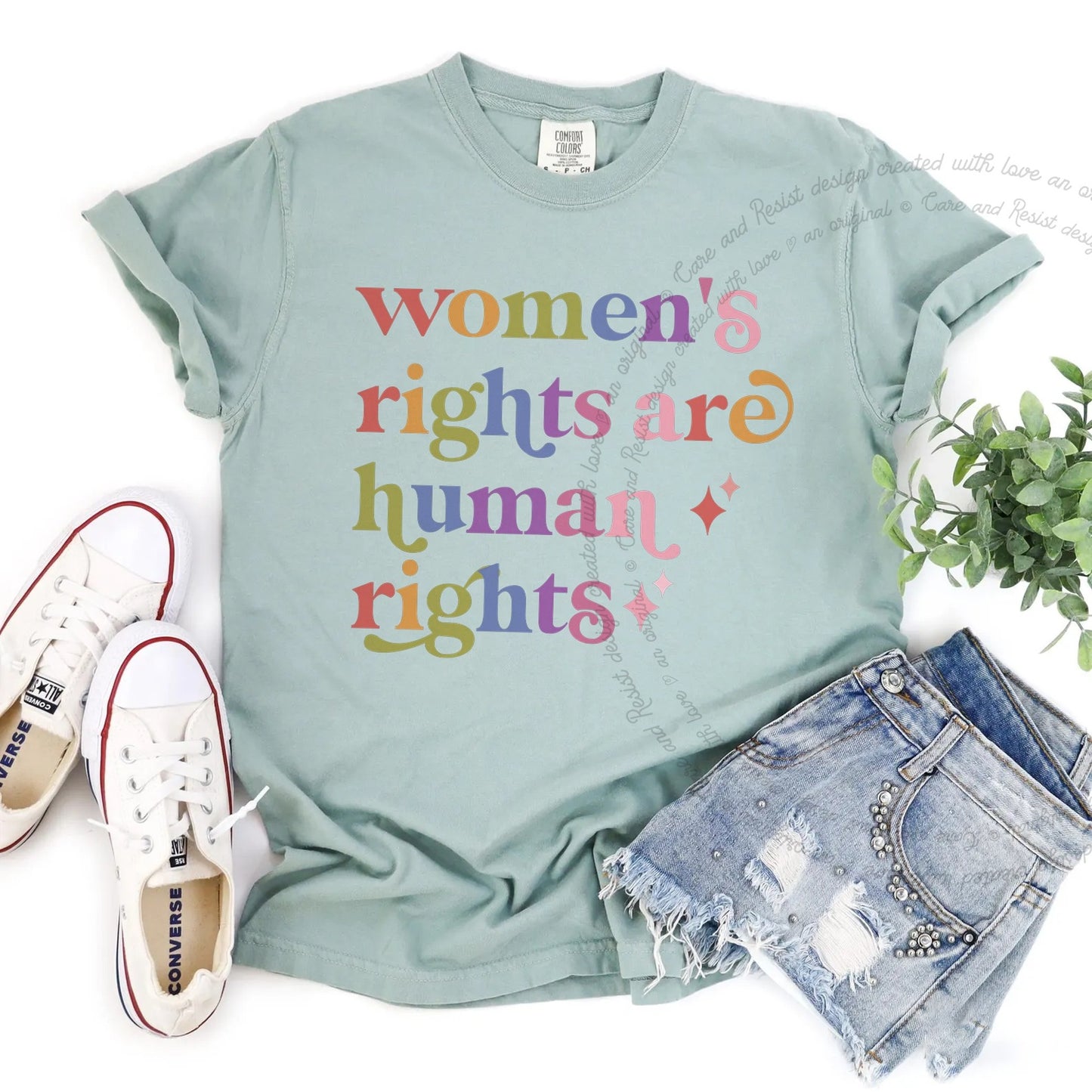 Women's Rights are Human Rights Care & Resist rainbow Comfort Colors tee, Bay