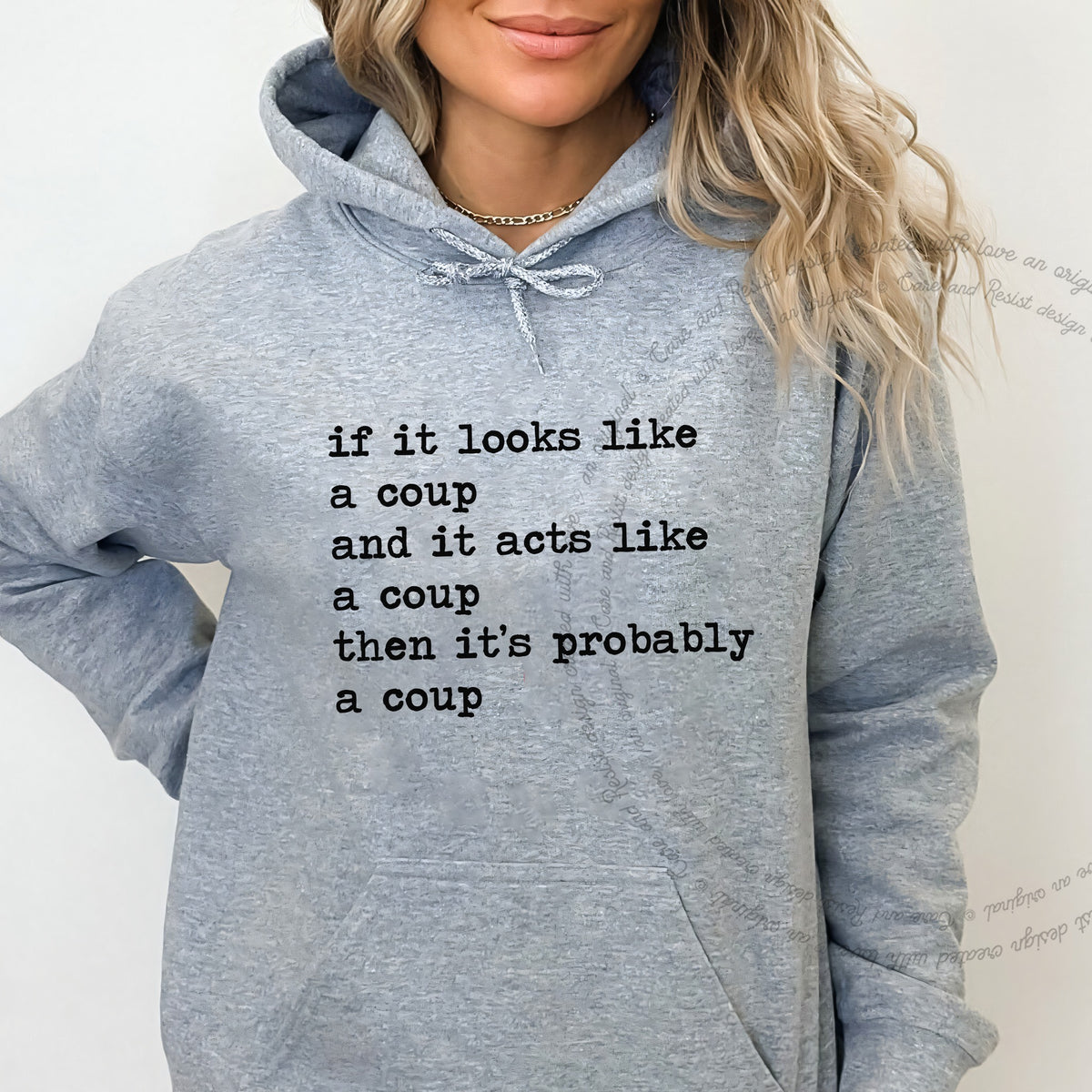 If It Looks Like a Coup and It Acts Like a Coup Then It's Probably a Coup Care & Resist Gildan hoodie in Sport Grey