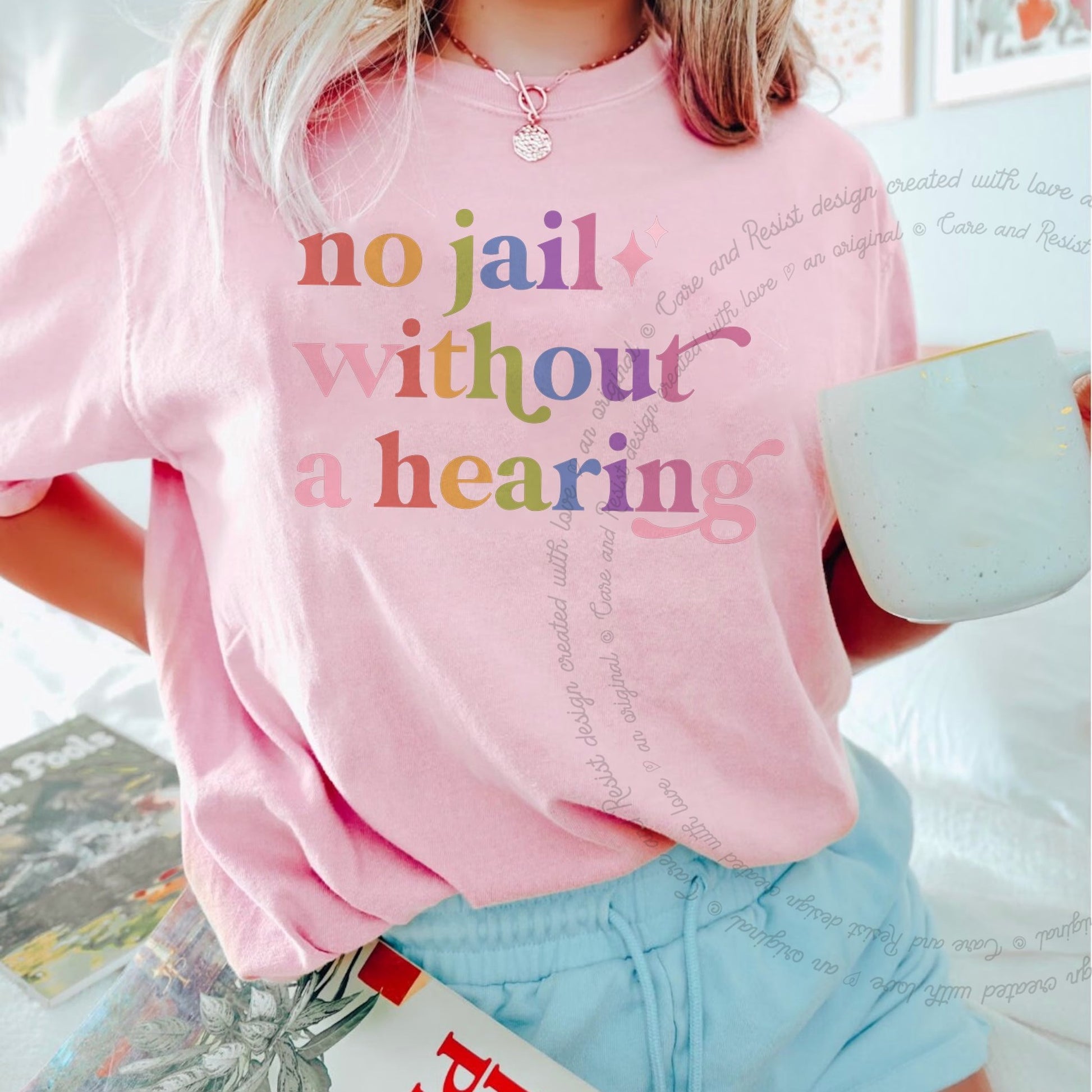 No Jail Without a Hearing Care & Resist rainbow Comfort Colors tee, Blossom
