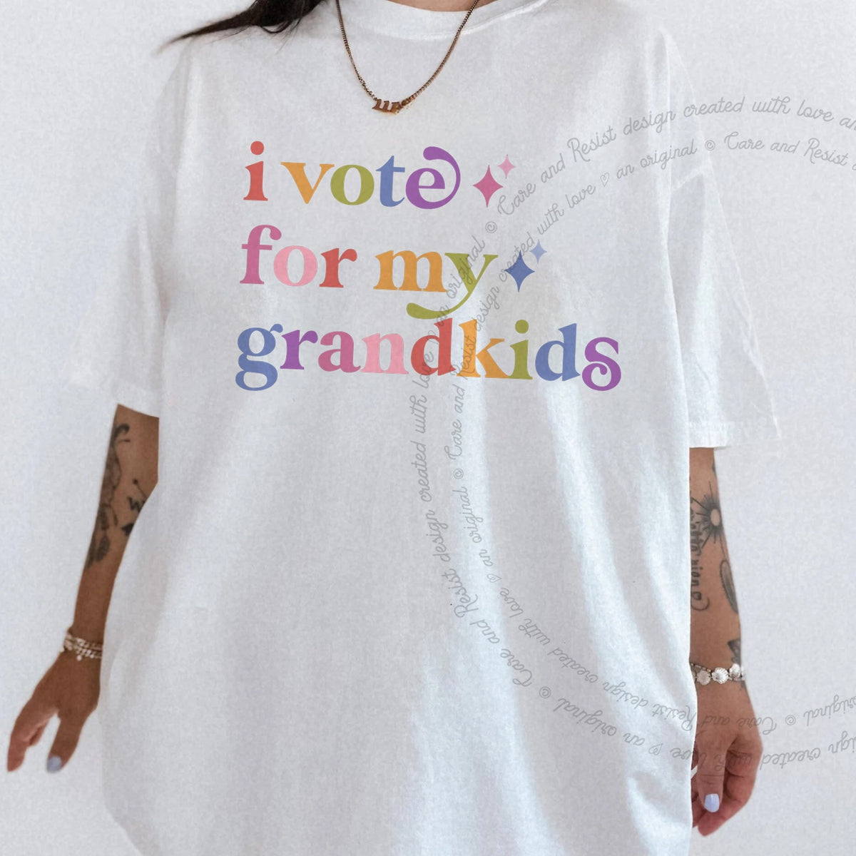 I Vote for My Grandkids Care & Resist rainbow tee