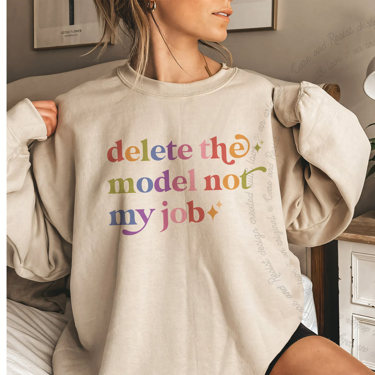 Delete the Model not My Job Care & Resist Gildan crewneck sweatshirt in Sand