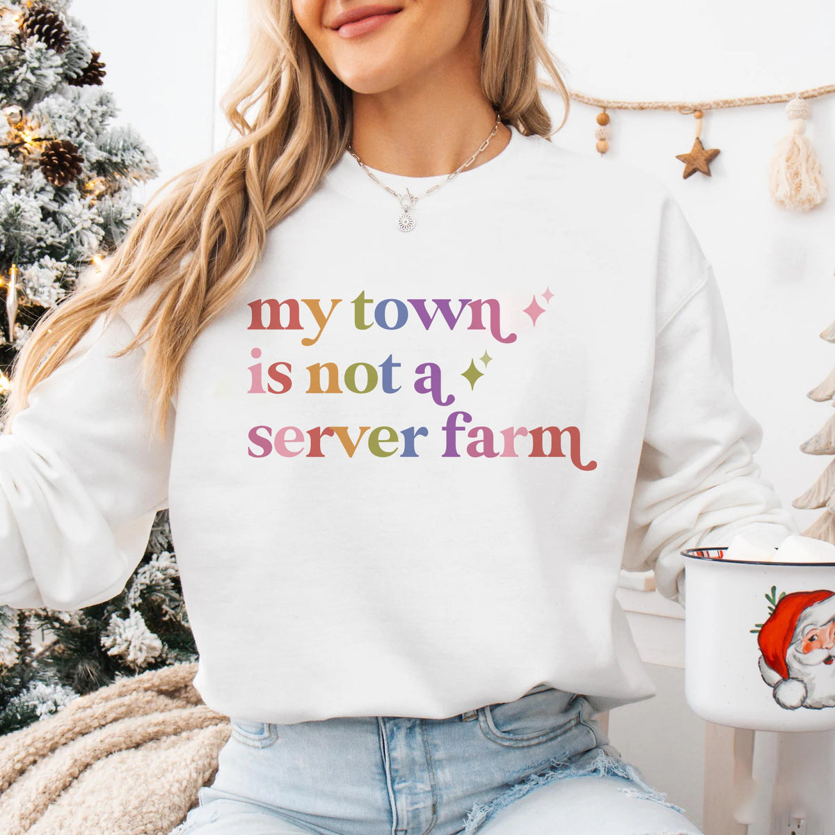 My Town is not a Server Farm Care & Resist Gildan crewneck sweatshirt in White
