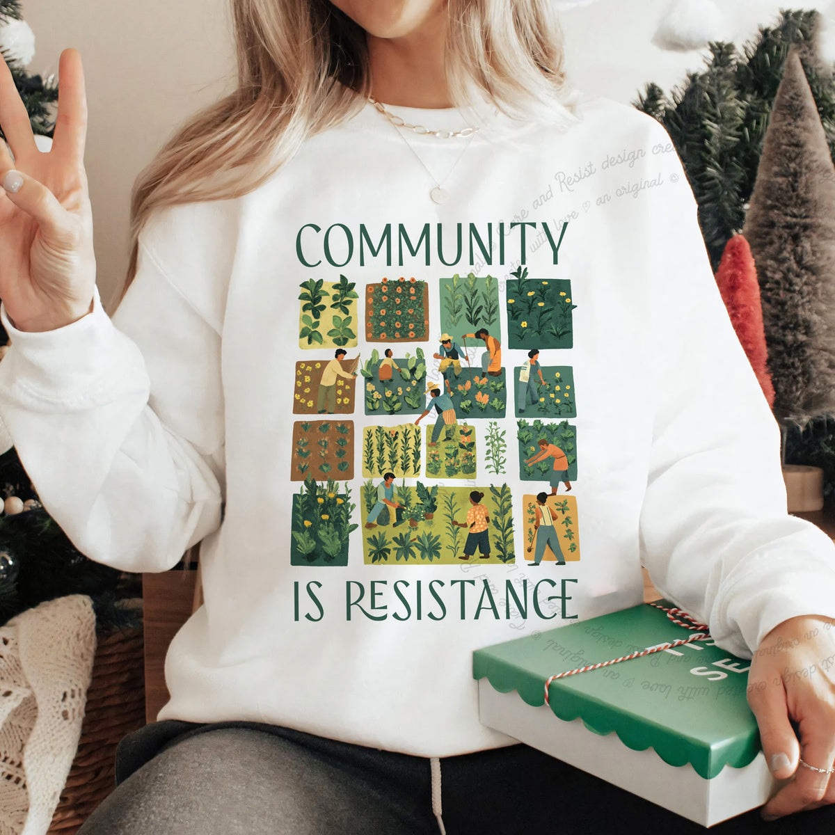 Community Is Resistance Garden Squares Care & Resist Gildan crewneck sweatshirt in White