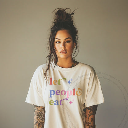 Let People Eat Care & Resist rainbow Comfort Colors tee, Ivory