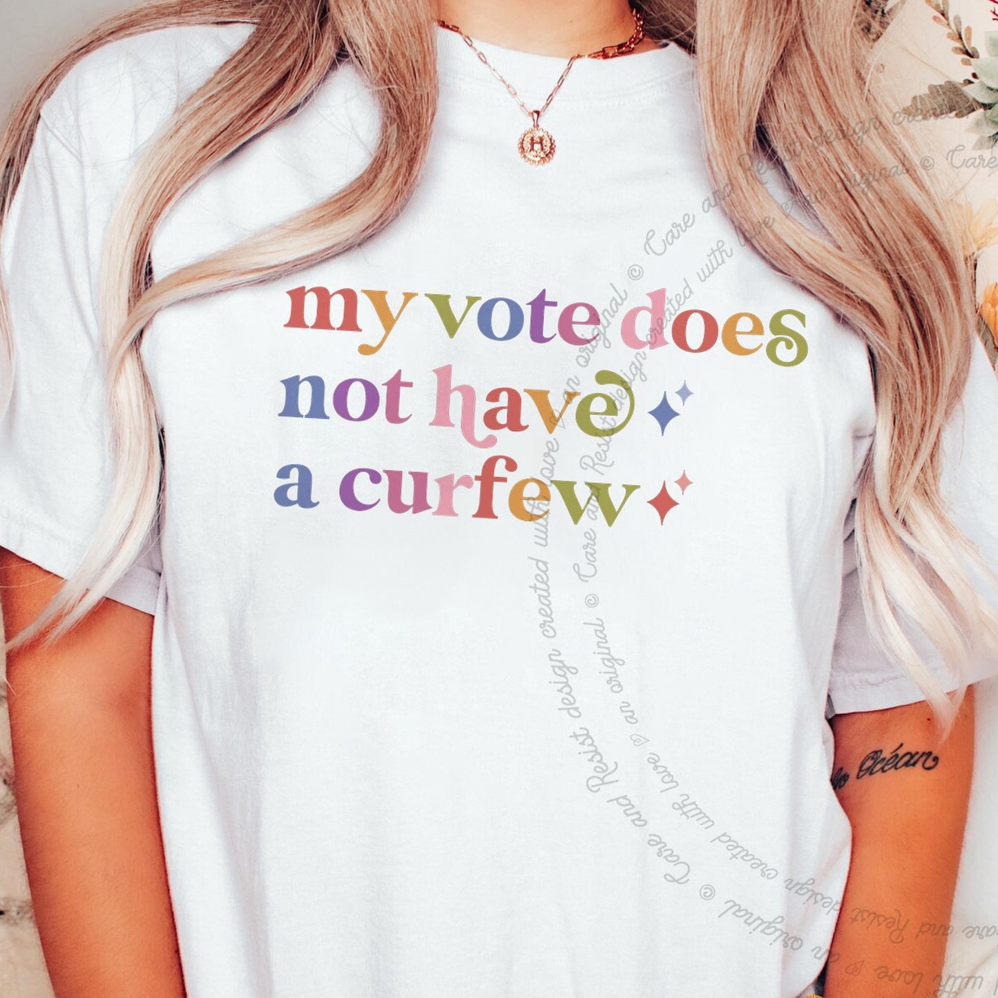 My Vote Does not Have a Curfew Care & Resist rainbow Comfort Colors tee, White