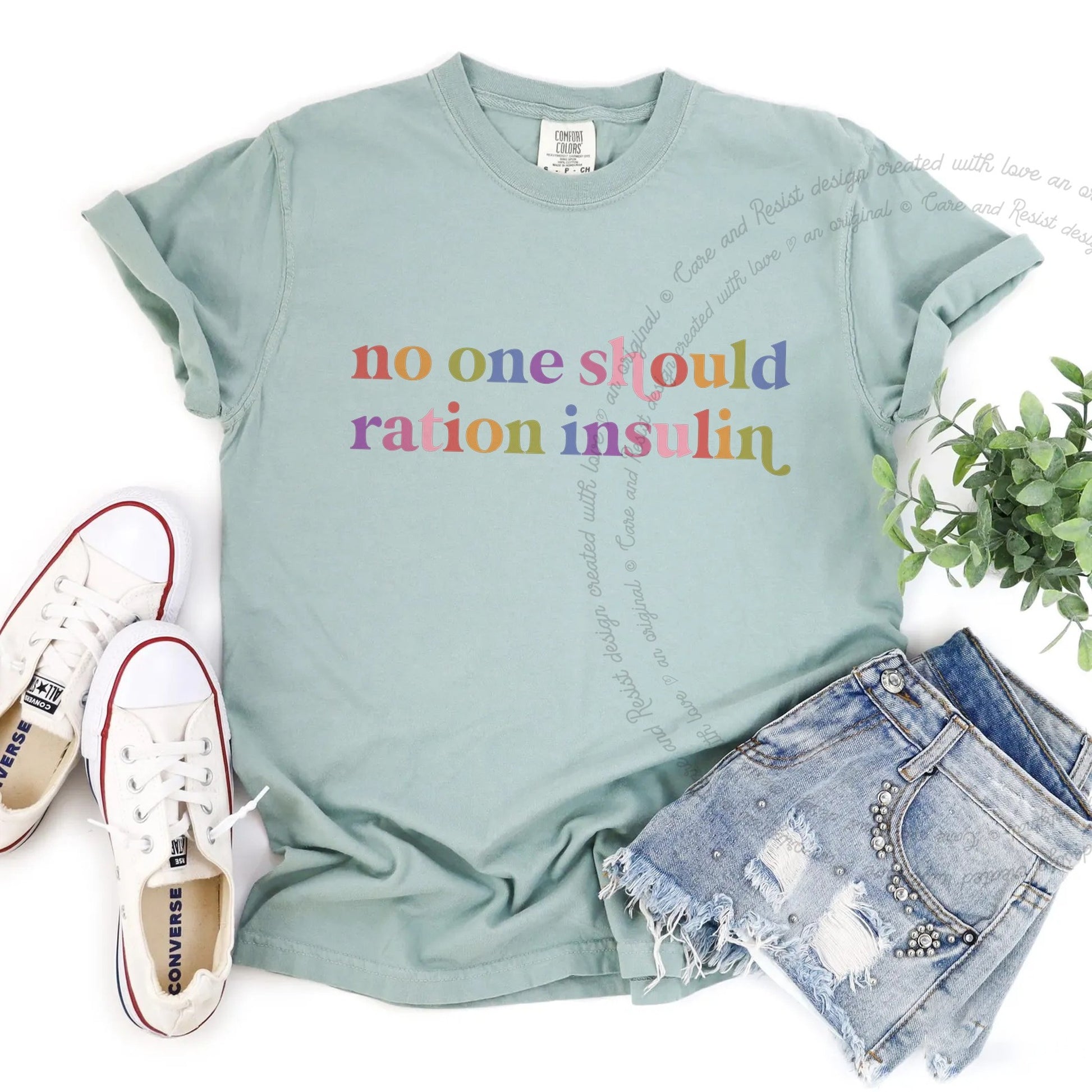 No One Should Ration Insulin Care & Resist rainbow Comfort Colors tee, Bay