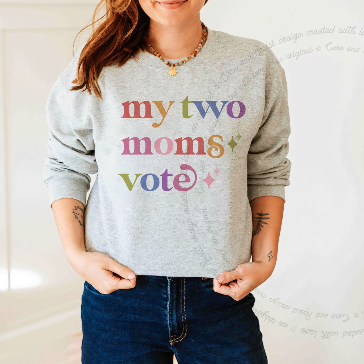 My Two Moms Vote Care & Resist Gildan crewneck sweatshirt in Sport Grey