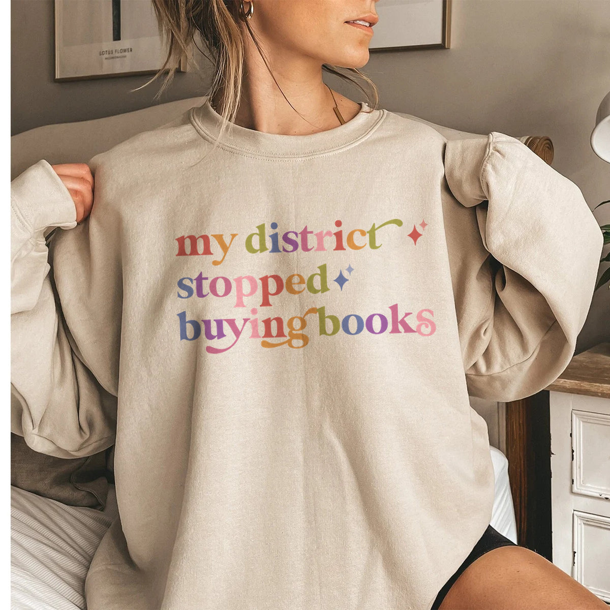 My District Stopped Buying Books Care & Resist Gildan crewneck sweatshirt in Sand