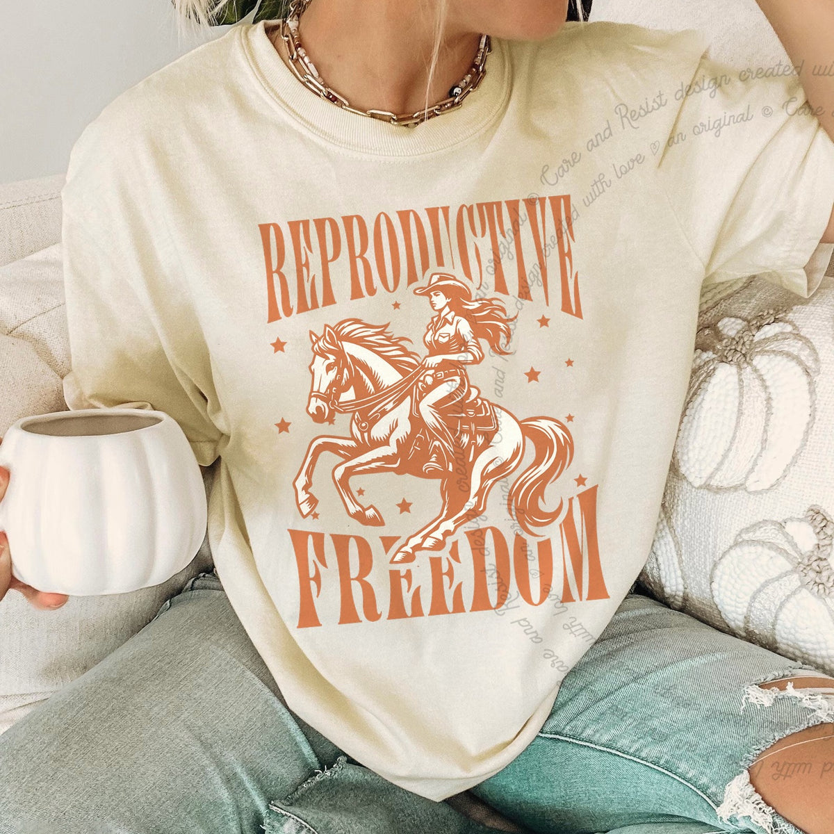 Reproductive Freedom Care & Resist progressive t-shirt in Ivory
