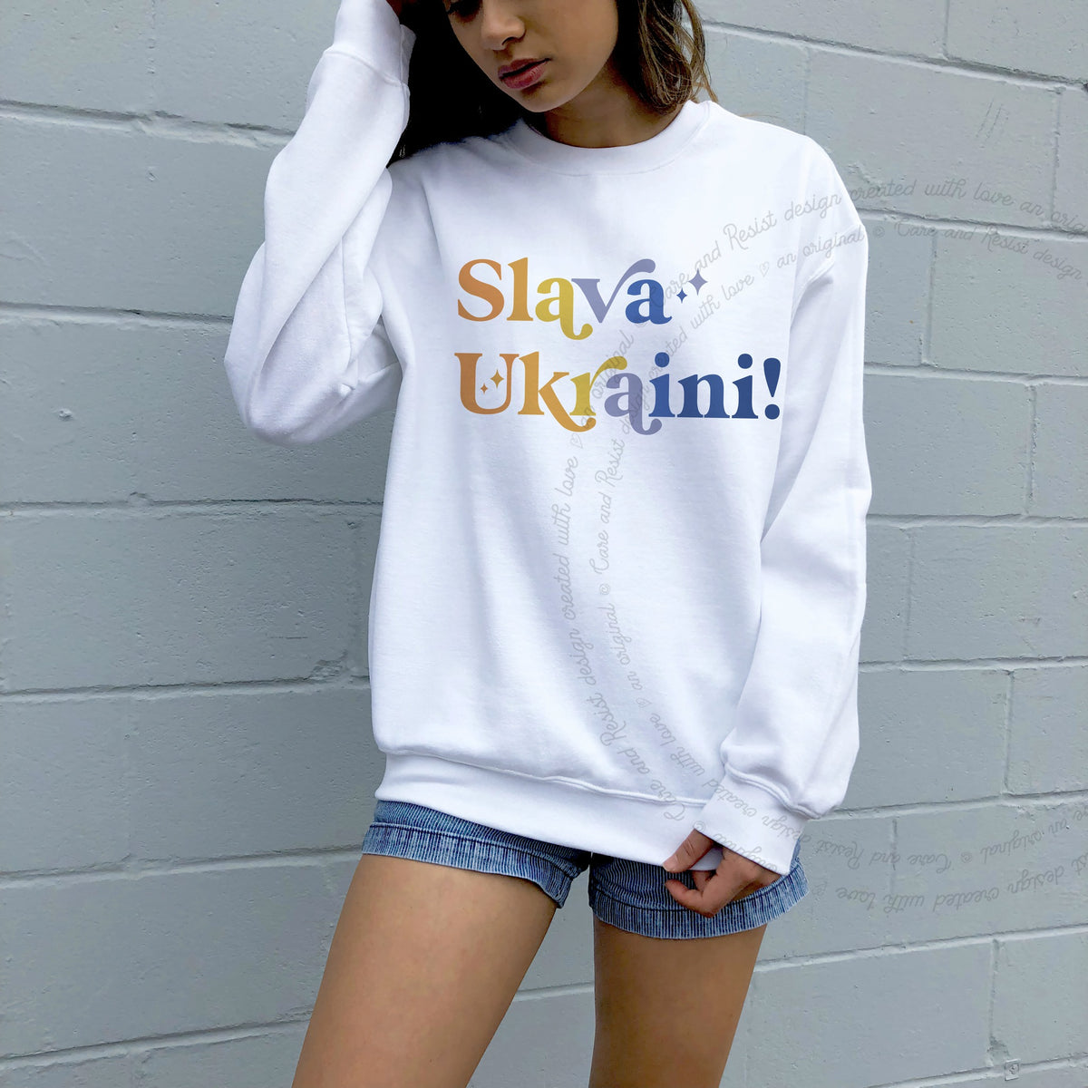 Slava Ukraini Care & Resist Gildan crewneck sweatshirt in White