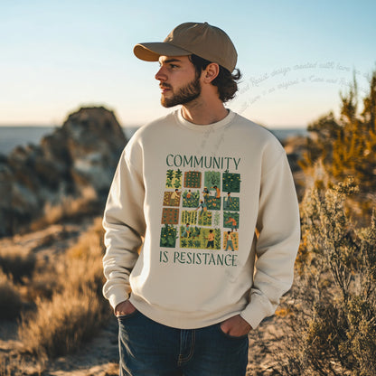 Community Is Resistance Garden Squares Care & Resist Gildan crewneck sweatshirt in Sand
