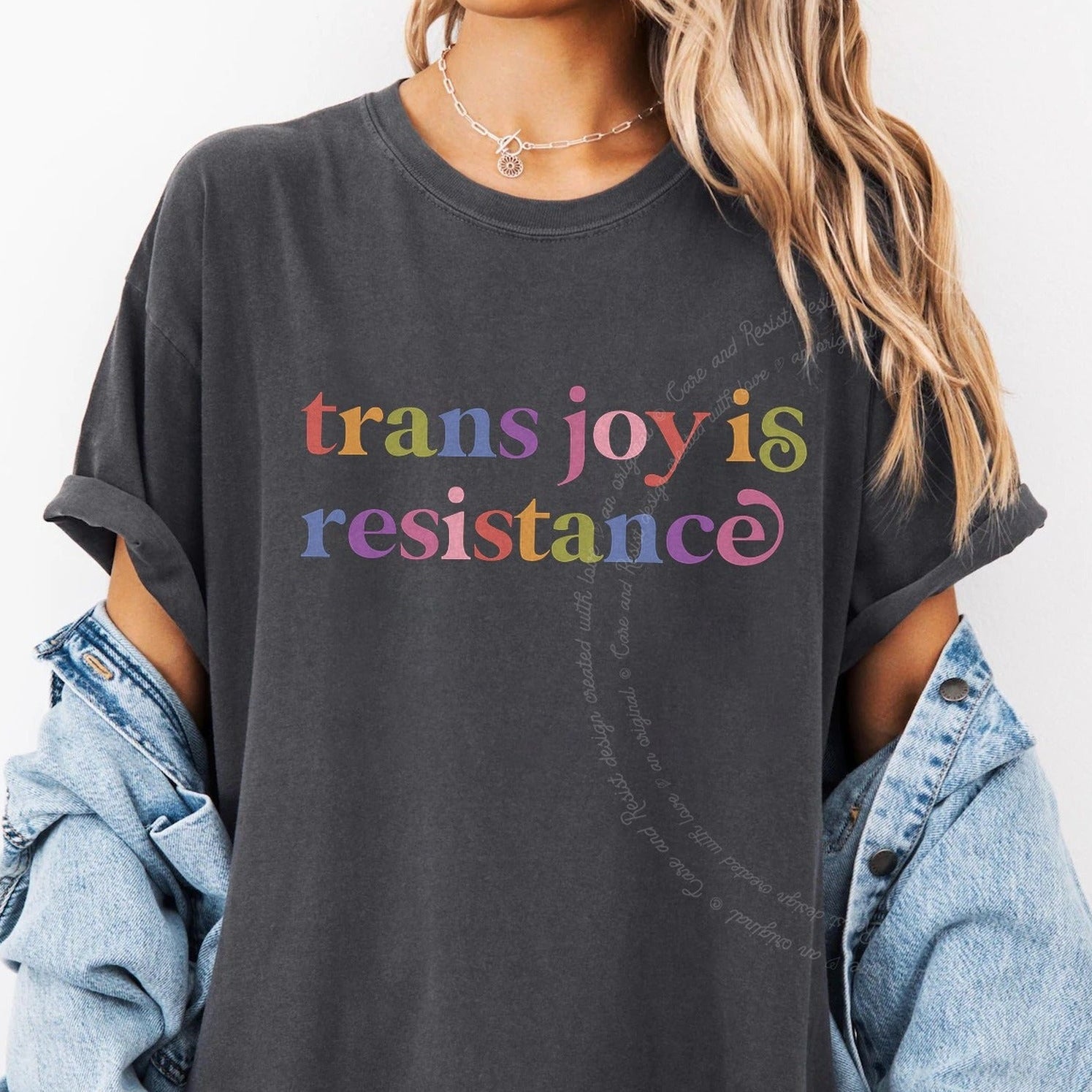 Trans Joy is Resistance Care & Resist rainbow Comfort Colors tee, Graphite
