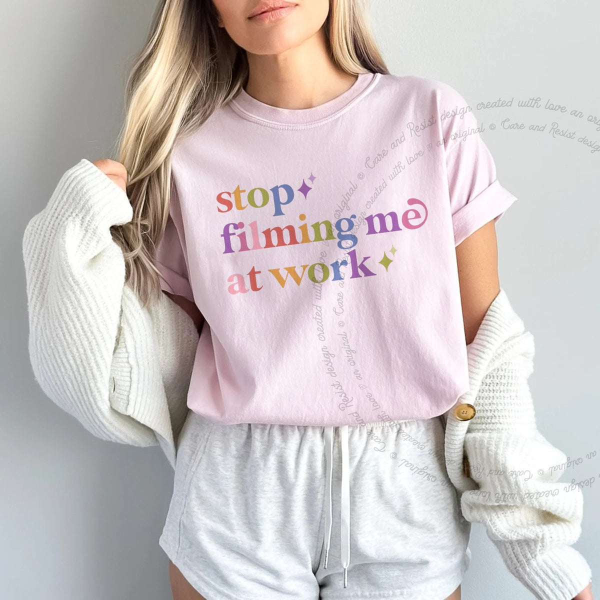 Stop Filming Me At Work Care & Resist tee in Blossom