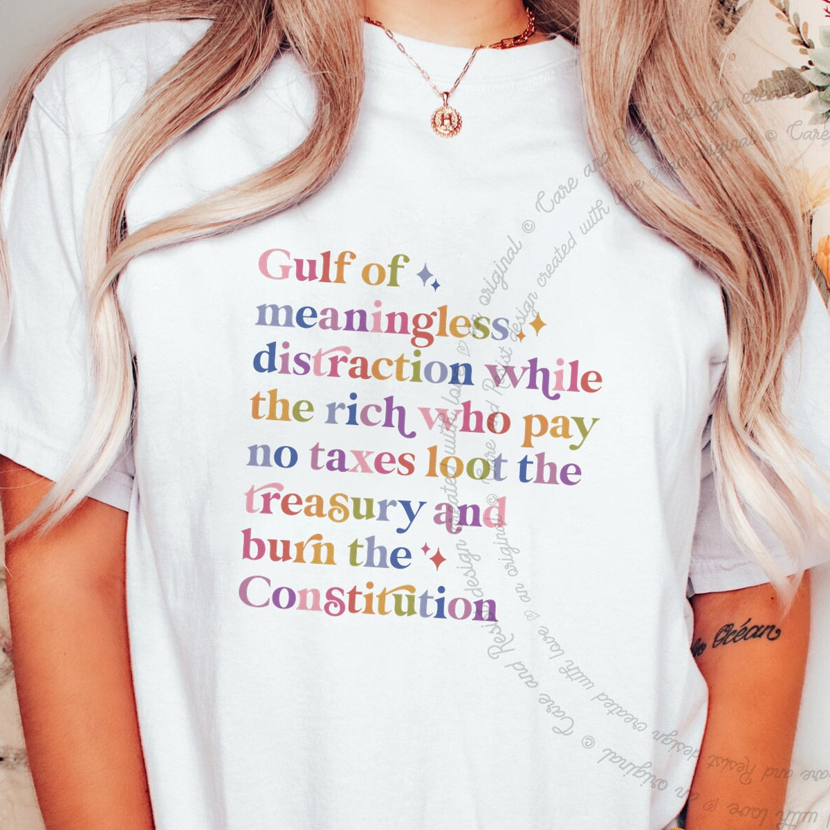 Gulf of Meaningless Distraction While the Rich Who Pay No Taxes Loot the Treasury and Burn the Constitution Care & Resist progressive t-shirt in White