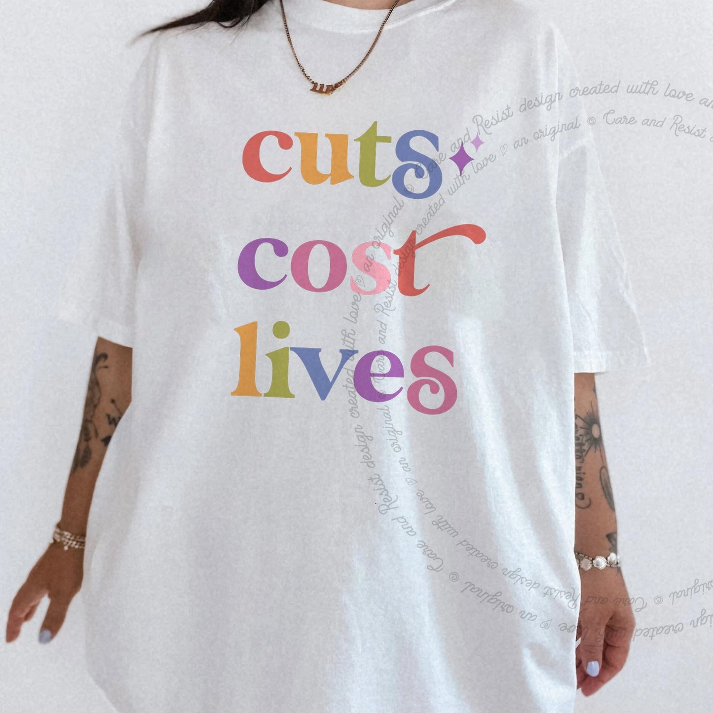 Cuts Cost Lives Care & Resist rainbow Comfort Colors tee, White