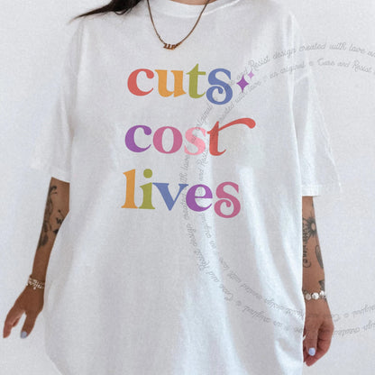 Cuts Cost Lives Care & Resist rainbow Comfort Colors tee, White