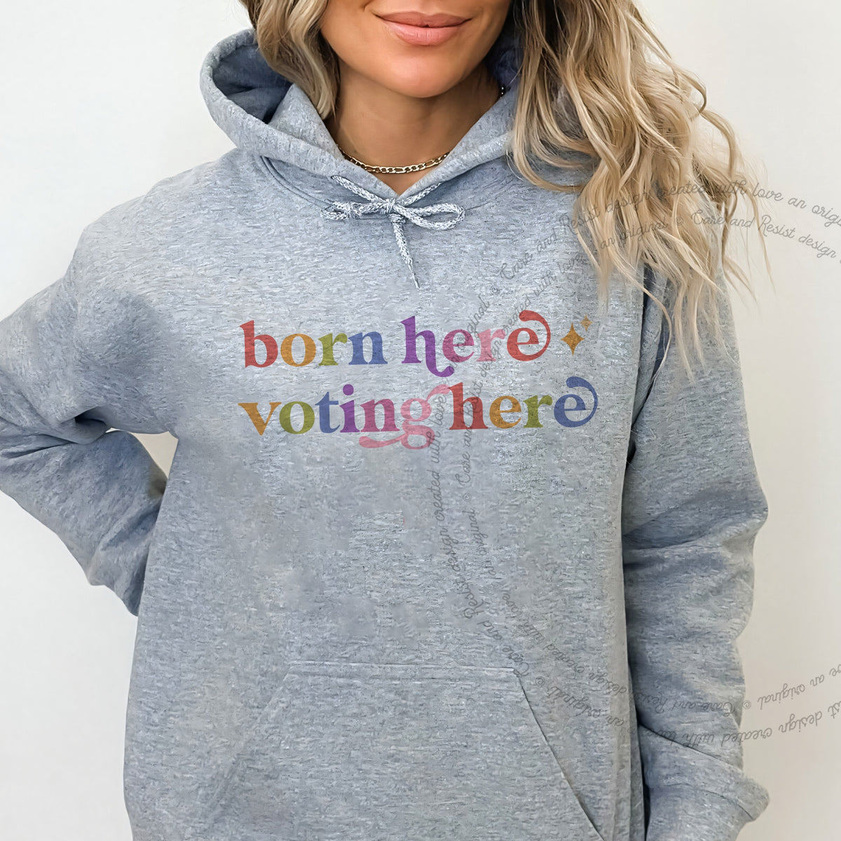 Born Here Voting Here Care & Resist Gildan hoodie in Sport Grey