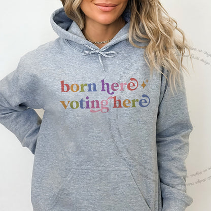 Born Here Voting Here Care & Resist Gildan hoodie in Sport Grey