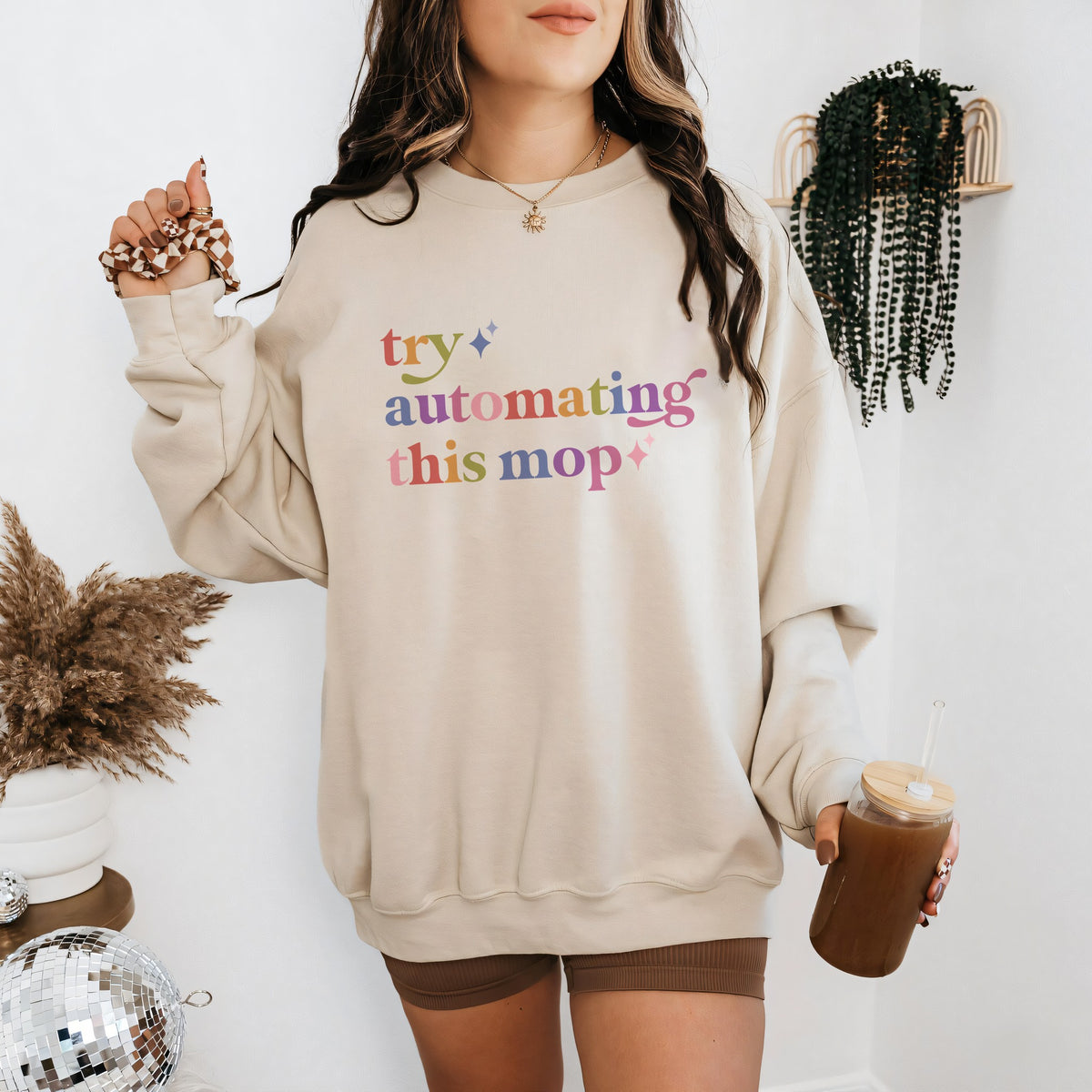 Try Automating This Mop Care & Resist Gildan crewneck sweatshirt in Sand