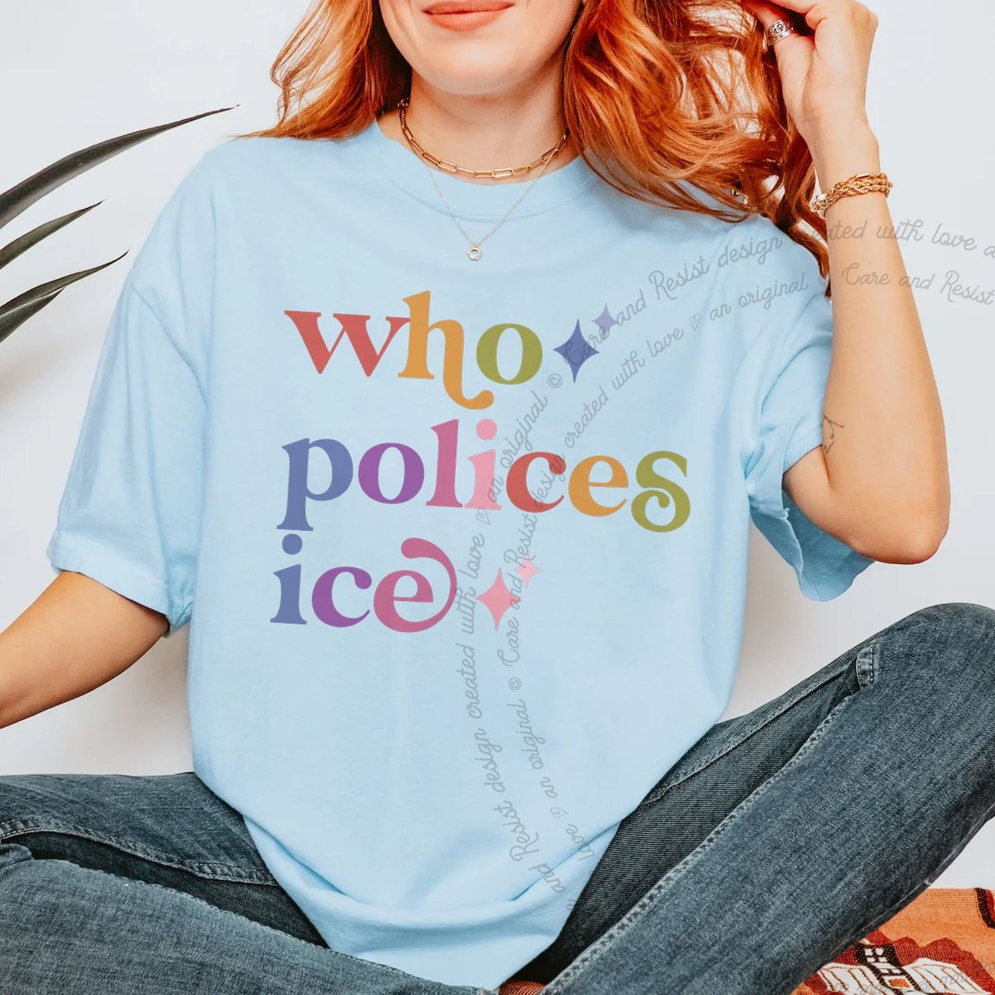 Who Polices Ice Care & Resist rainbow Comfort Colors tee, Chambray