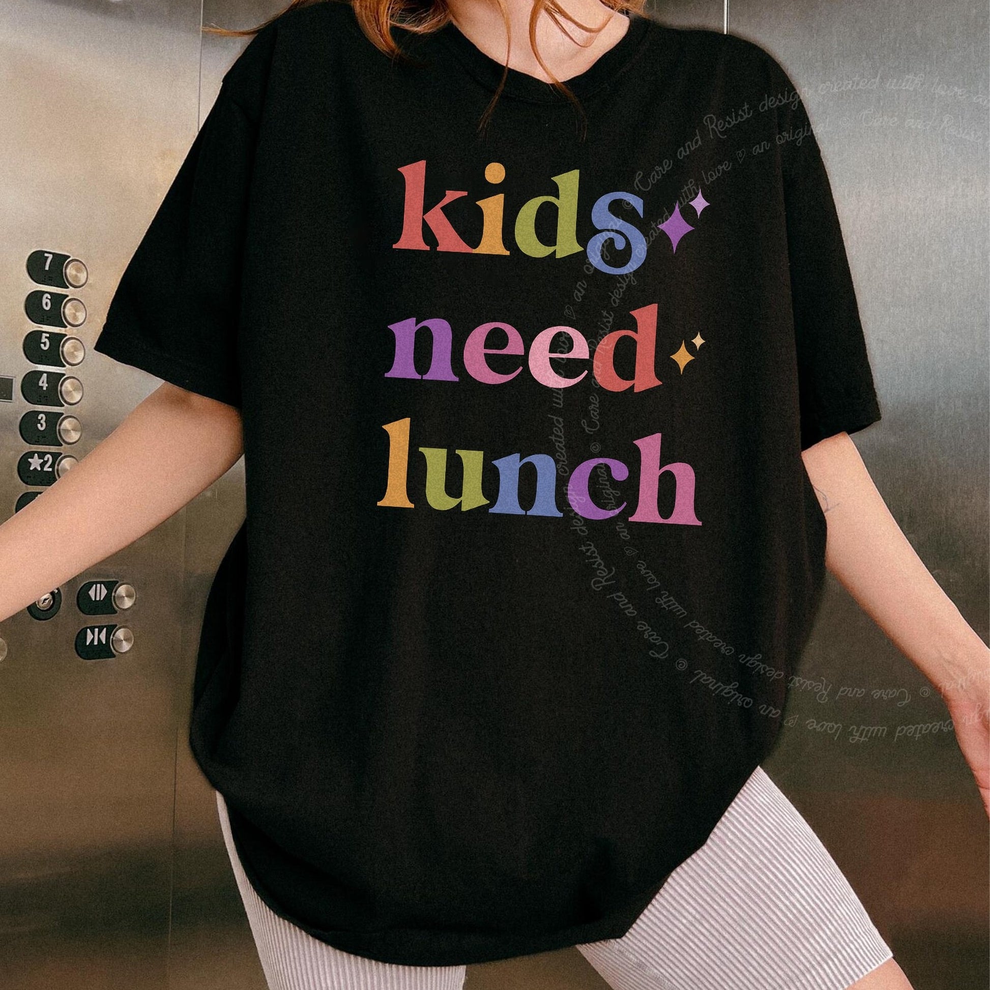 Kids Need Lunch Care & Resist rainbow Comfort Colors tee, Black