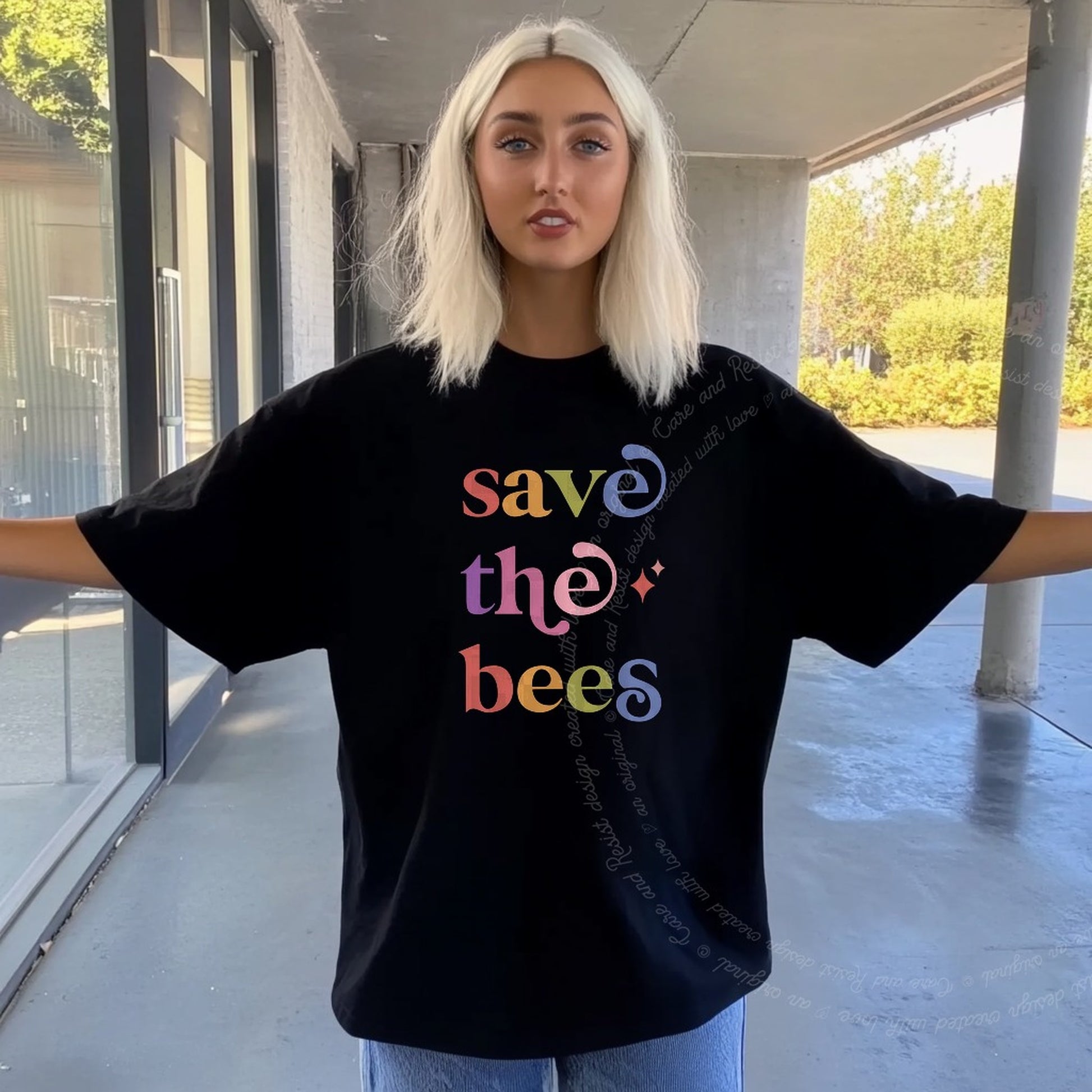 Save the Bees Care & Resist rainbow Comfort Colors tee, Black