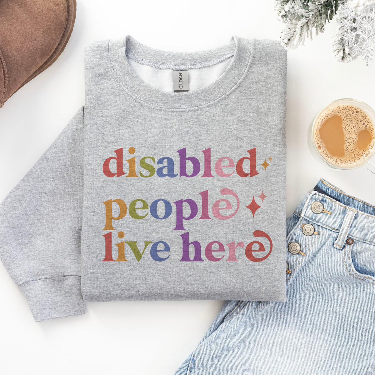 Disabled People Live Here Care & Resist Gildan crewneck sweatshirt in Sport Grey