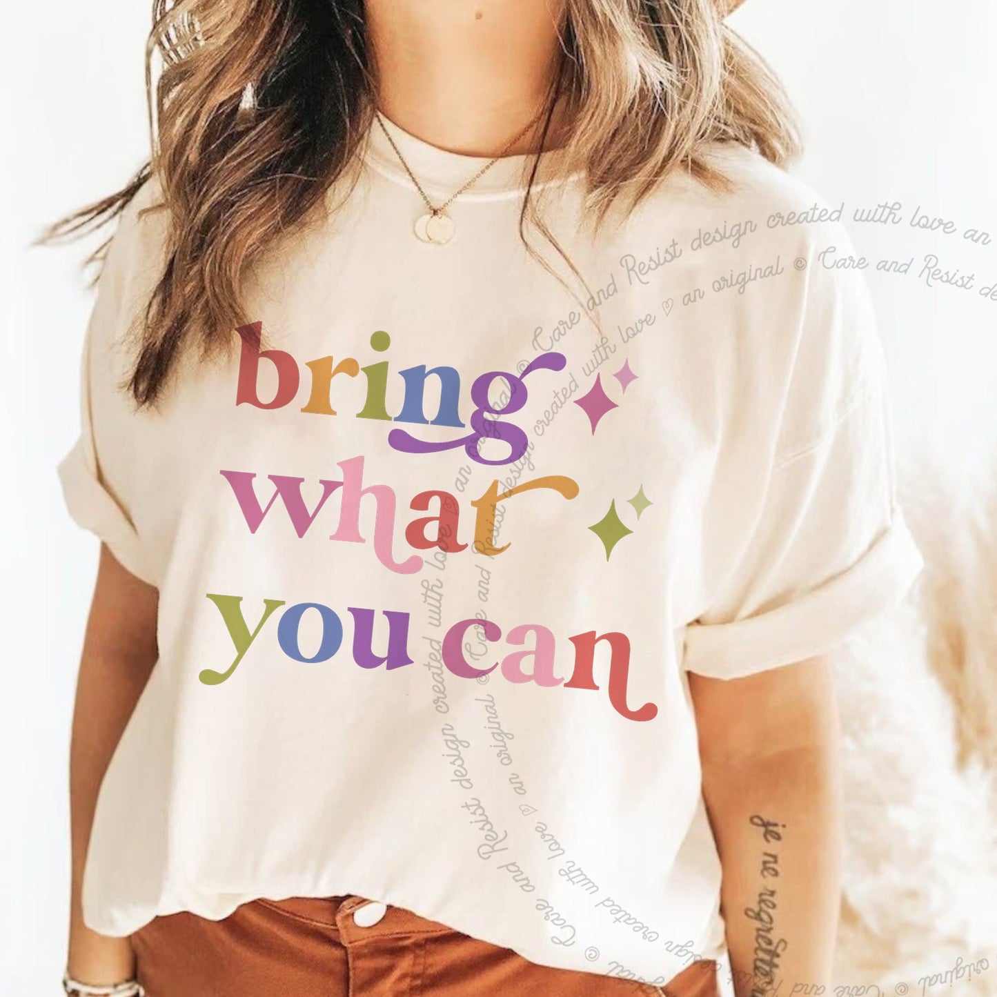 Bring What You Can Care & Resist rainbow Comfort Colors tee, Ivory
