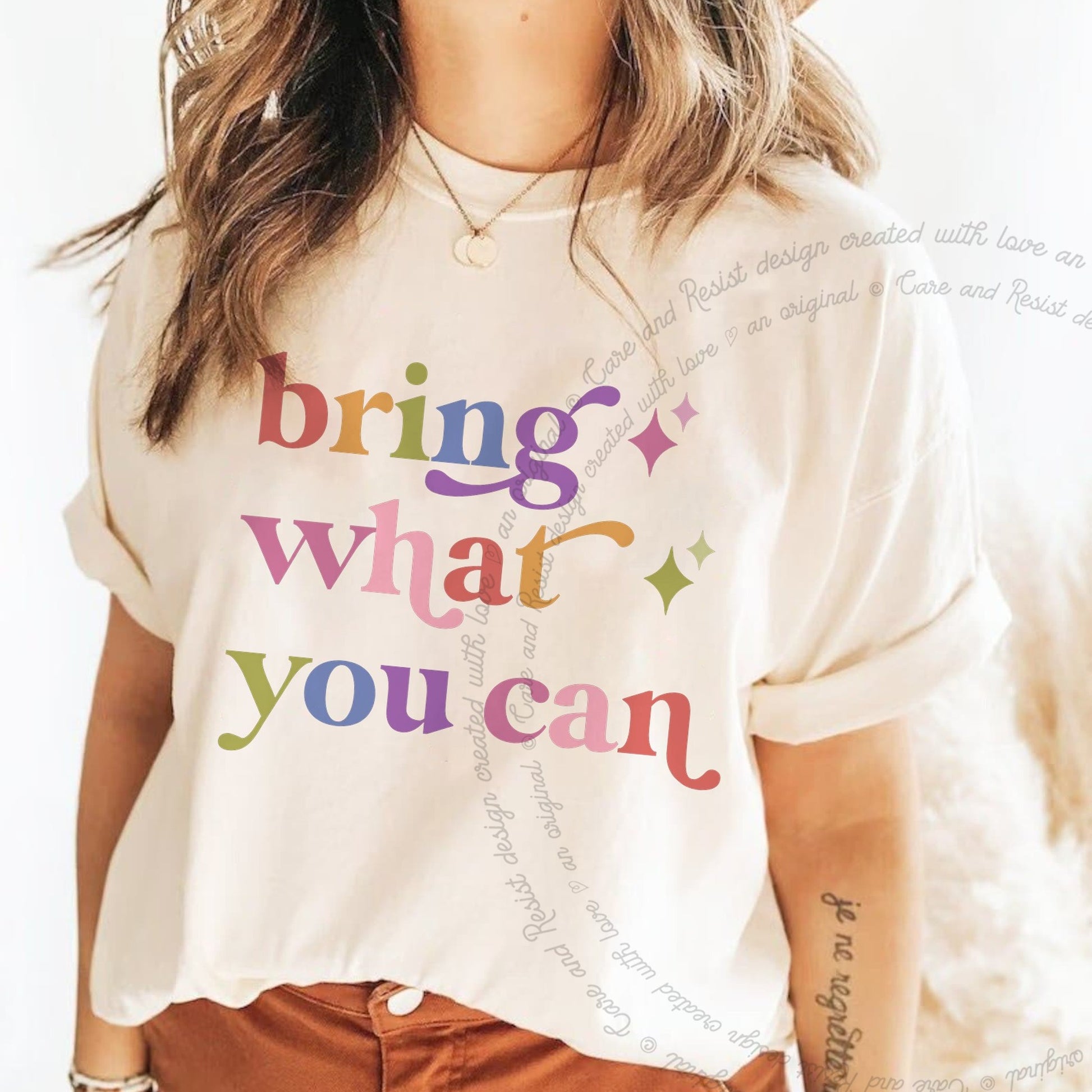 Bring What You Can Care & Resist rainbow Comfort Colors tee, Ivory