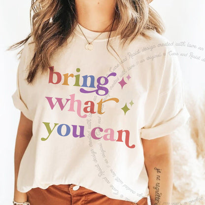 Bring What You Can Care & Resist rainbow Comfort Colors tee, Ivory