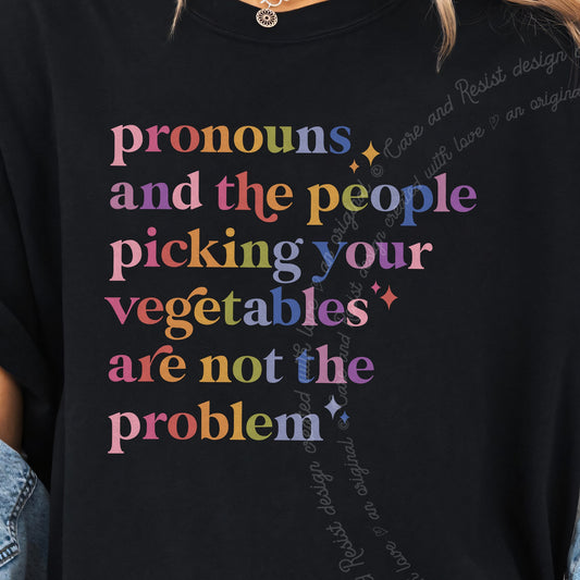 Pronouns and the People Picking Your Vegetables Are Not the Problem Care & Resist progressive t-shirt in Black