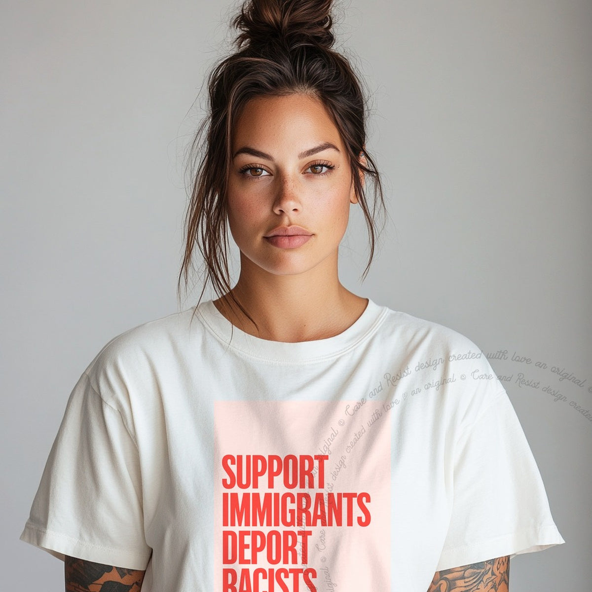 Support Immigrants Deport Racists Care & Resist progressive t-shirt in White