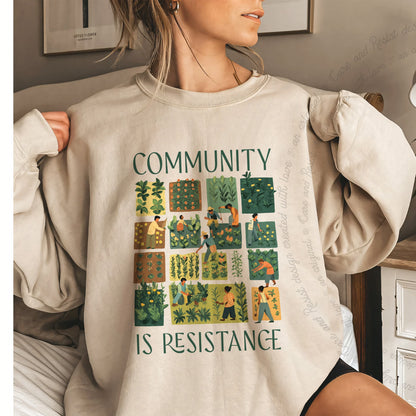 Community Is Resistance Garden Squares Care & Resist Gildan crewneck sweatshirt in Sand