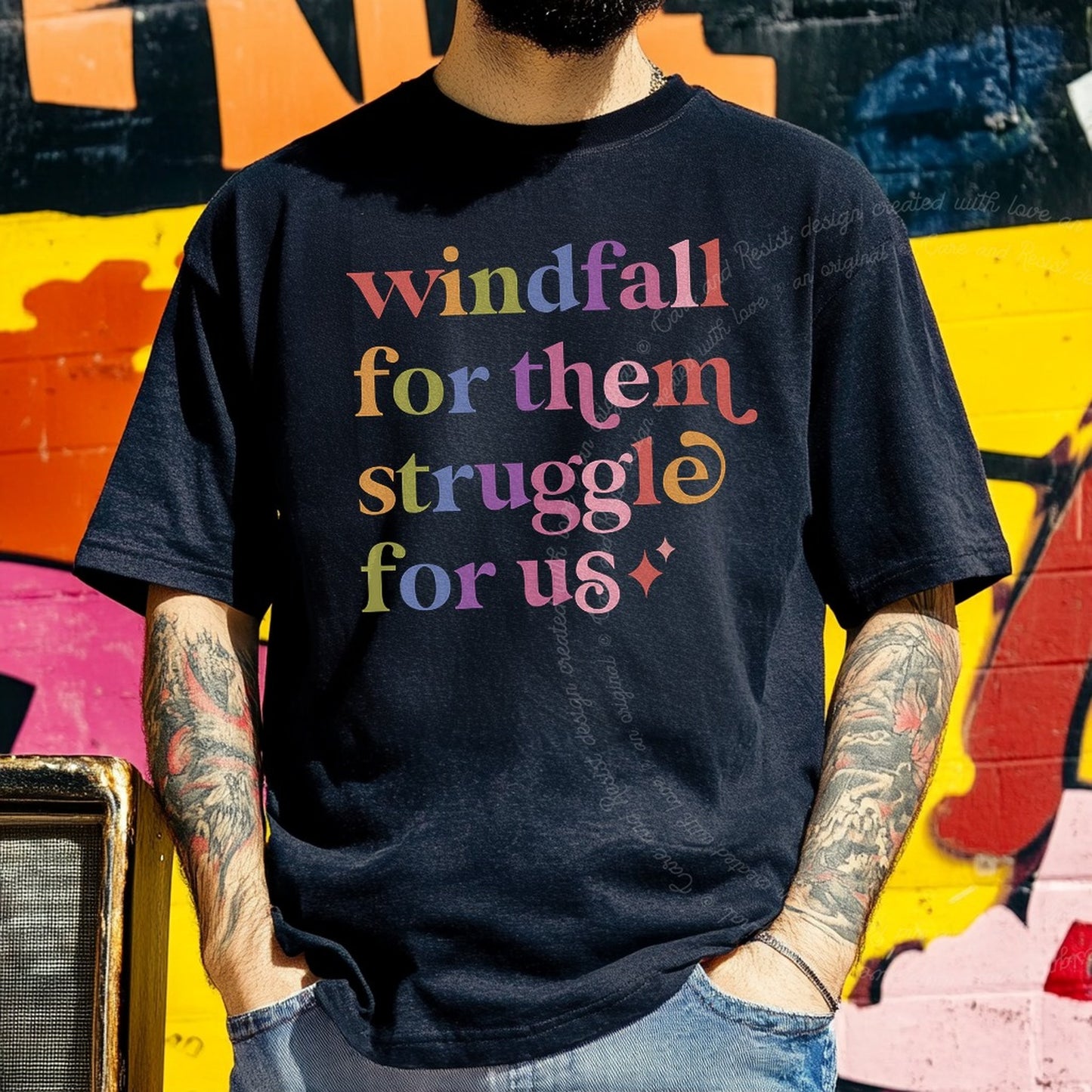 Windfall for Them Struggle for Us Care & Resist rainbow Comfort Colors tee, Black