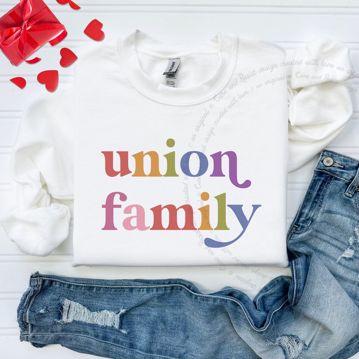 Union Family Care & Resist Gildan crewneck sweatshirt in White