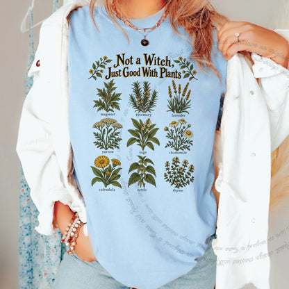Not a Witch Just Good With Plants Care & Resist progressive t-shirt in Chambray