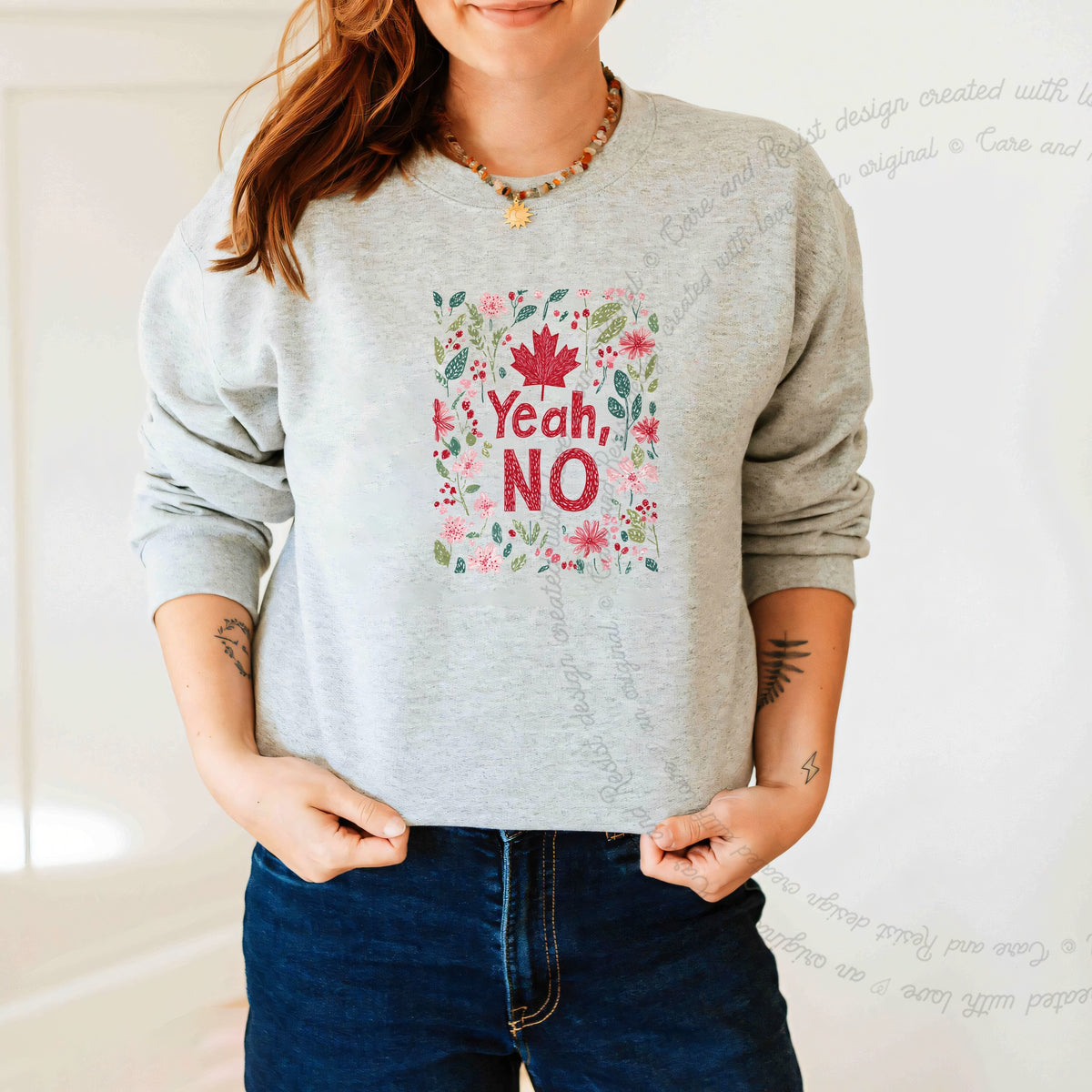 Yeah, No Care & Resist Gildan crewneck sweatshirt in Sport Grey