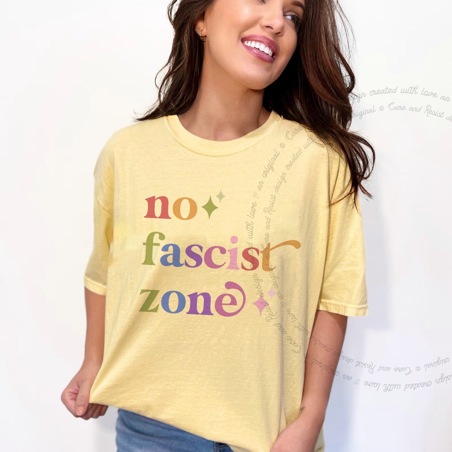 No Fascist Zone Care & Resist rainbow Comfort Colors tee, Banana