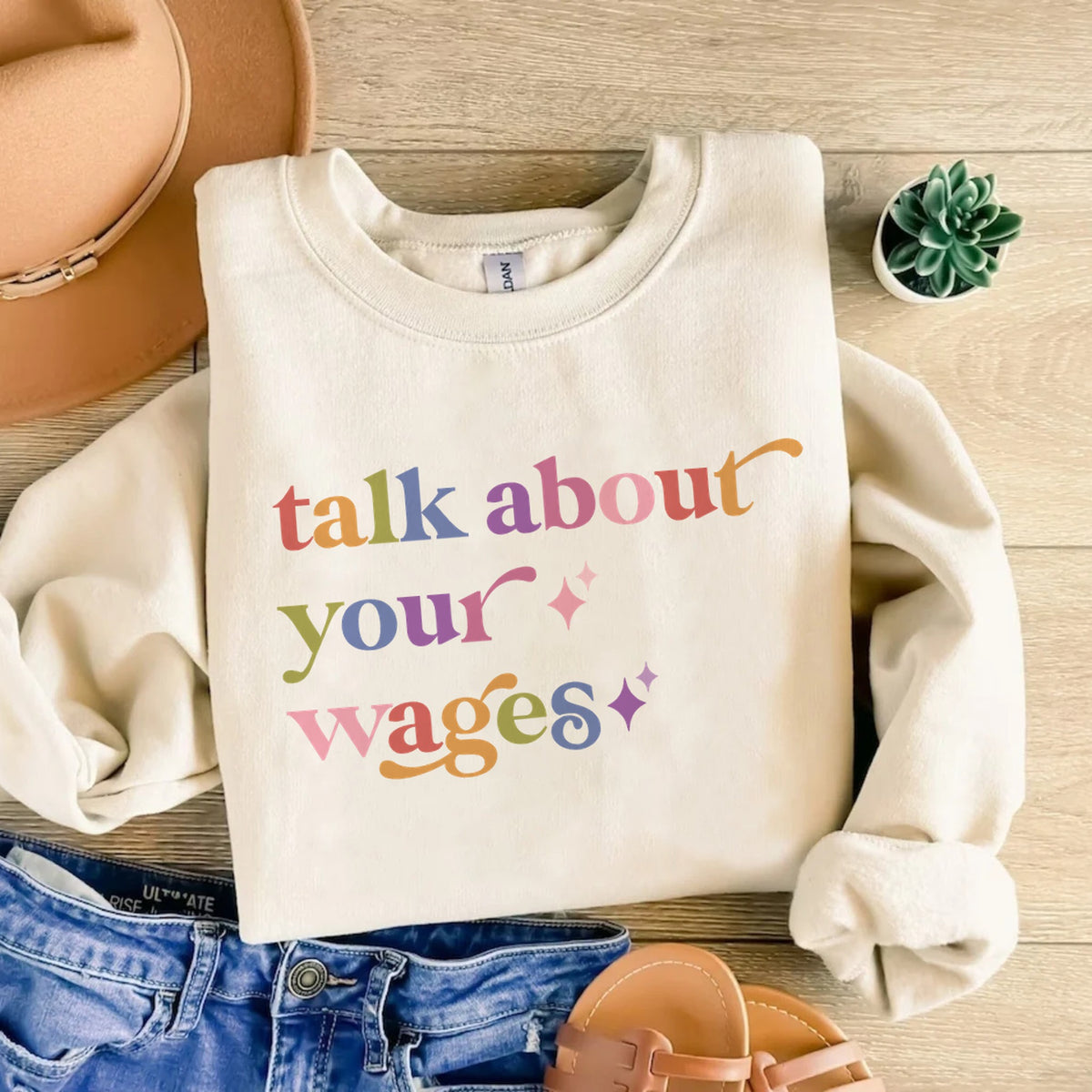 Talk About Your Wages Care & Resist Gildan crewneck sweatshirt in Sand