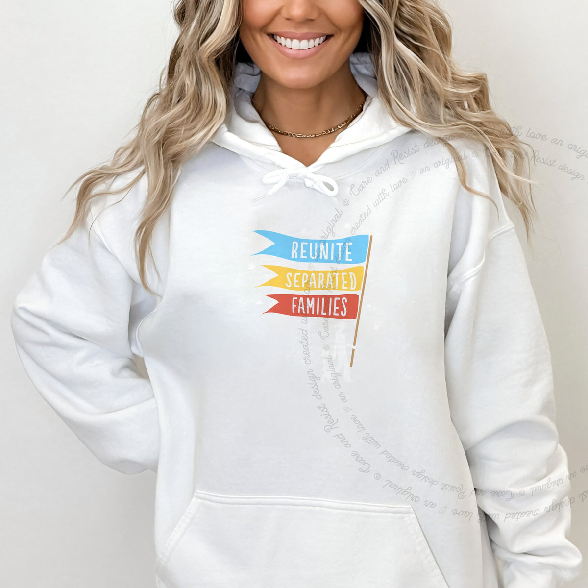 Reunite Separated Families Flags Care & Resist Gildan hoodie in White