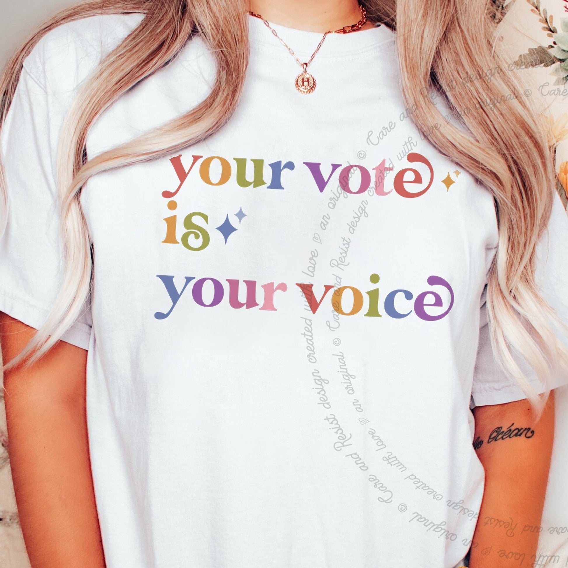 Your Vote is Your Voice Care & Resist rainbow Comfort Colors tee, White