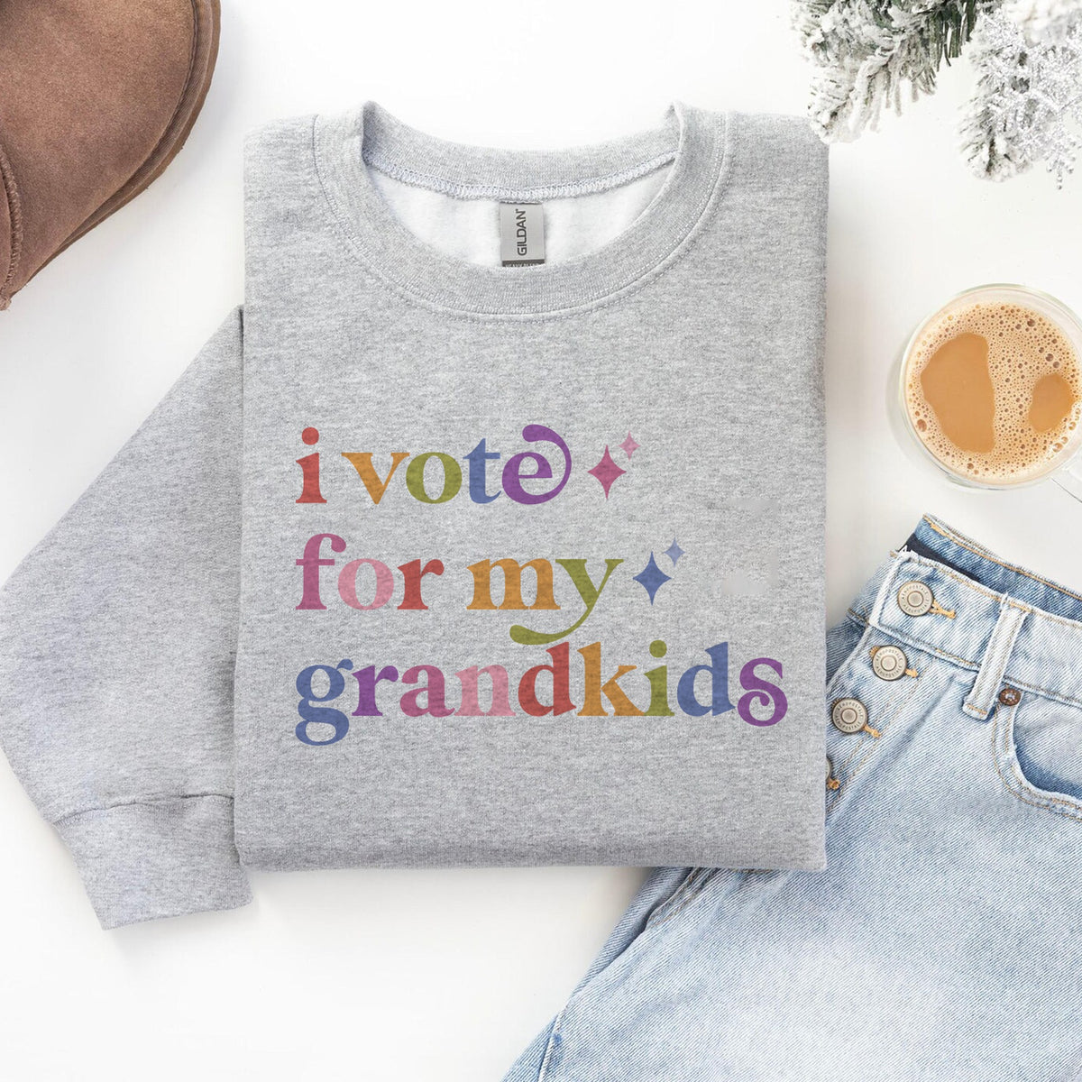 I Vote for My Grandkids Care & Resist Gildan crewneck sweatshirt in Sport Grey